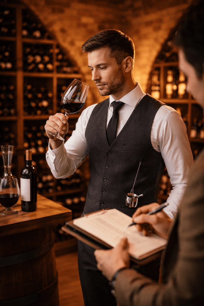 Wine glass being assessed for colour and aroma during a tasting